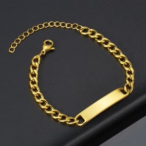 Minimalist 18K gold plated stainless steel ID bar bracelet with adjustable Cuban chain link