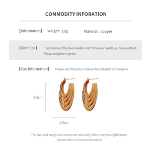 Detailed view of golden U-shaped curved earrings with silver needles and copper material