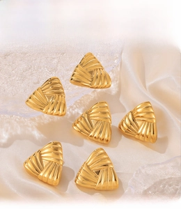 Detailed macro view of PVD electroplated gold triangular earrings with spiral texture