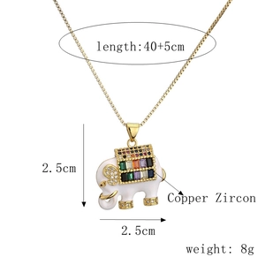 Detail of elephant pendant necklace featuring multicolored zircons and size measurements