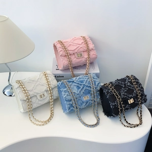 Denim Shoulder Crossbody Bag For Women Distressed Fringed Diamond Quilted Gold Lock Buckle Metal Chain Strap Flap Square Purse