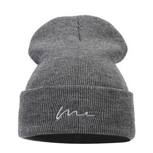 Dark grey minimalist beanie featuring white 'me' embroidery for men and women
