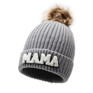 Grey MAMA letter patch knit beanie with faux fur pom pom for winter outdoor warmth