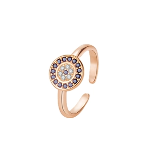 Rose gold S925 sterling silver evil eye ring with blue stones and white zircon crystals