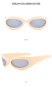 Front and side views of cream oval Y2K sunglasses with silver grey lenses