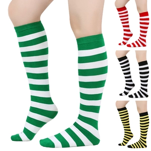 Detailed knit texture of striped over-the-knee socks with ribbed anti-slip cuffs