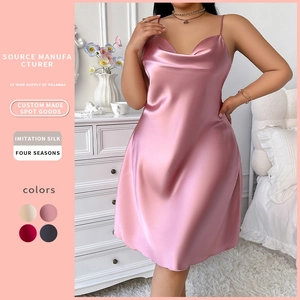Plus Size Women Nightgown Imitation Satin Satin Cowl Neck Spaghetti Strap Sleeveless Sexy Elegant Homewear