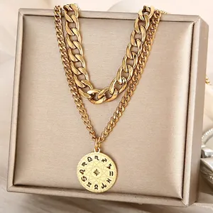 Layered Stainless Steel Necklace With Zodiac Signs Pendant Vintage Cuban Chain For Women