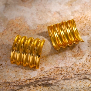 18k gold plated stainless steel square hoop earrings with textured wavy ribbed design