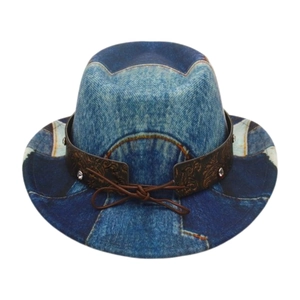 Detail of western cowboy jazz hat with denim print pattern and brown vintage studded band