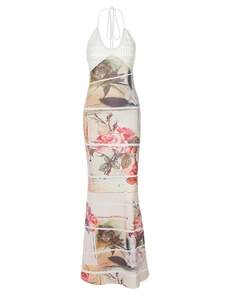 Fashionable beige crochet halter neck dress with rose print long skirt on white background