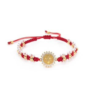 Ethno style red rope bracelet with pearls and micro-pave gold religious medal