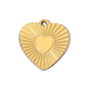 Detail of a heart-shaped golden stainless steel pendant with Love Mom engraving
