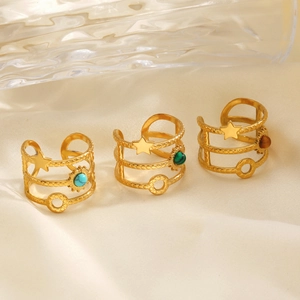 Minimalist gold stainless steel open ring set with natural stones and star design