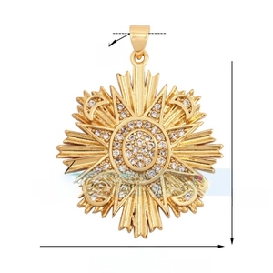 Detailed dimension map of 18K gold sun pendant with cubic zirconia and crescent moons