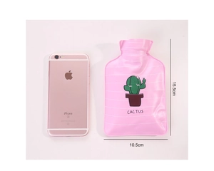 Pink cartoon cactus PVC hot water bottle with size reference of 15.5cm by 10.5cm