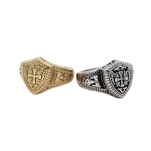 Retro shield knight cross rings in gold and silver finish with engraved details