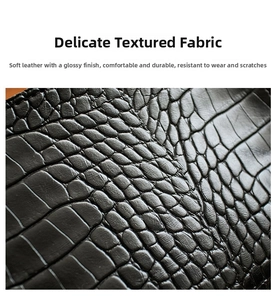 Close-up of black crocodile embossed leather showing detailed texture and glossy finish