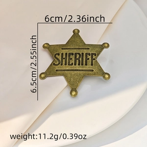 Detail view of hexagram sheriff badge with dimensions 6.5cm height and 11.2g weight