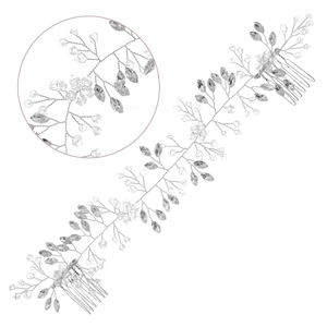 Silver bridal hair comb featuring grey crystals and metallic leaf details for weddings
