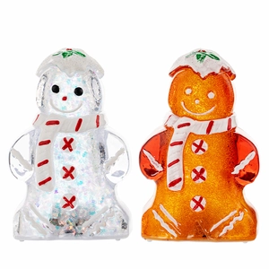 Luminous gingerbread man and snowman Christmas ornaments with glitter and scarves