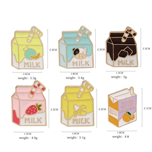 Set of six colorful milk and juice carton enamel pins made of zinc alloy and metal
