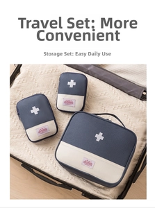 Three-piece oxford cloth medical storage bags in navy and cream on a travel suitcase