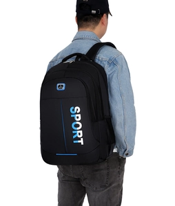 Detailed back view of man wearing black large capacity Oxford sport backpack with side mesh