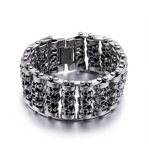 Men Stainless Steel Skull Bracelet Heavy Duty Punk Gothic Biker Rock Jewelry Antique Silver Color Finish Retro Style