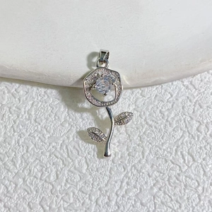 Silver rose flower pendant featuring clear zircon inlay and delicate petal details