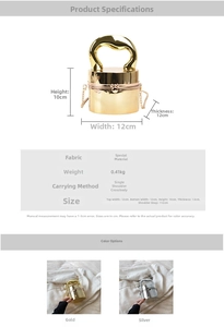 Detail view of cylindrical acrylic evening bag with wave handle in gold and silver finish