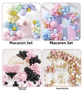 Detailed collage of four themed party balloon arch kits including macaron and rose gold styles