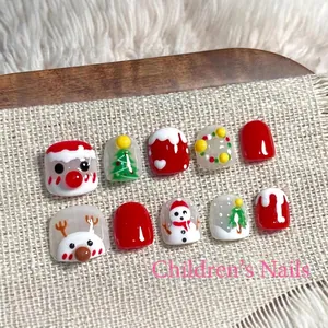 Kids Press On Nails Christmas Theme Handmade Resin Reindeer Santa Claus Snowman Pattern Festive Gift