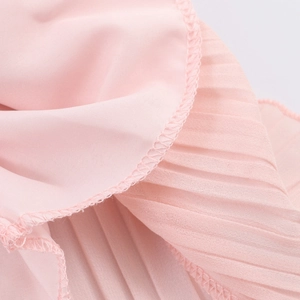 Elegant pink chiffon pleated dress with long flare sleeves and delicate micro texture
