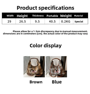 Size specifications of the plaid tote bag featuring cartoon dog print and dimensions