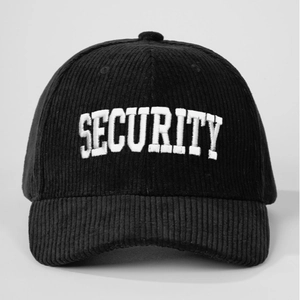 Classic black corduroy baseball cap with white SECURITY embroidery and adjustable strap