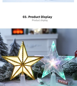 Detailed view of LED Christmas tree star toppers with USB and battery power options