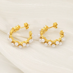 Elegant C-shaped titanium steel hoop earrings featuring white pearls and zircon accents