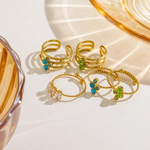 Set of five adjustable 14K gold-plated stainless steel rings with colorful zircon stones