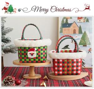 Detailed view of woven Christmas gift baskets with plush trim and Santa Claus motifs