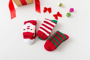 Close-up of thick coral fleece Christmas socks featuring festive patterns and soft textures
