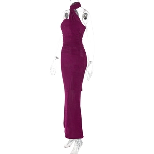 Detail of purple ruched maxi dress featuring a halter neck design and textured fabric