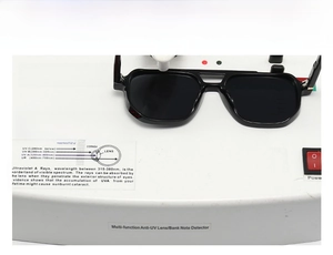 UV400 protection test for square black sunglasses showing total UV ray blockage
