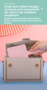 Pink handheld makeup mirror with compact square handle inside a small beige purse