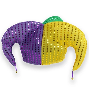 Three-point sequined jester hat in purple, yellow and green with festive gold bells