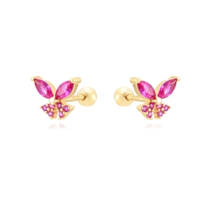 Close-up of S925 sterling silver butterfly earrings with pink zircon stone inlay