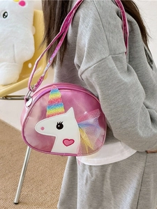 Pink unicorn crossbody bag for girls featuring rainbow glitter horn and mesh mane details