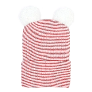 Dettaglio del cappello in maglia per neonati con strisce rosse e due pompon bianchi