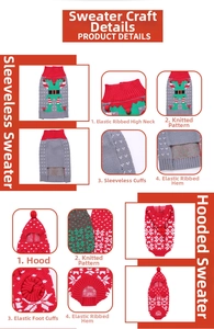 Close-up of knitted Christmas pet sweaters with snowflake patterns and ribbed elastic cuffs