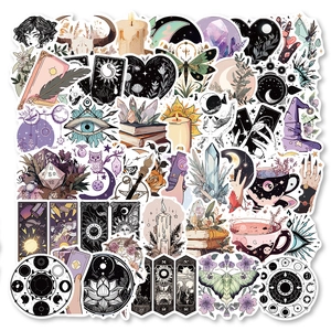 Detail view of 50 bohemian witch stickers featuring tarot, astrology and gothic art